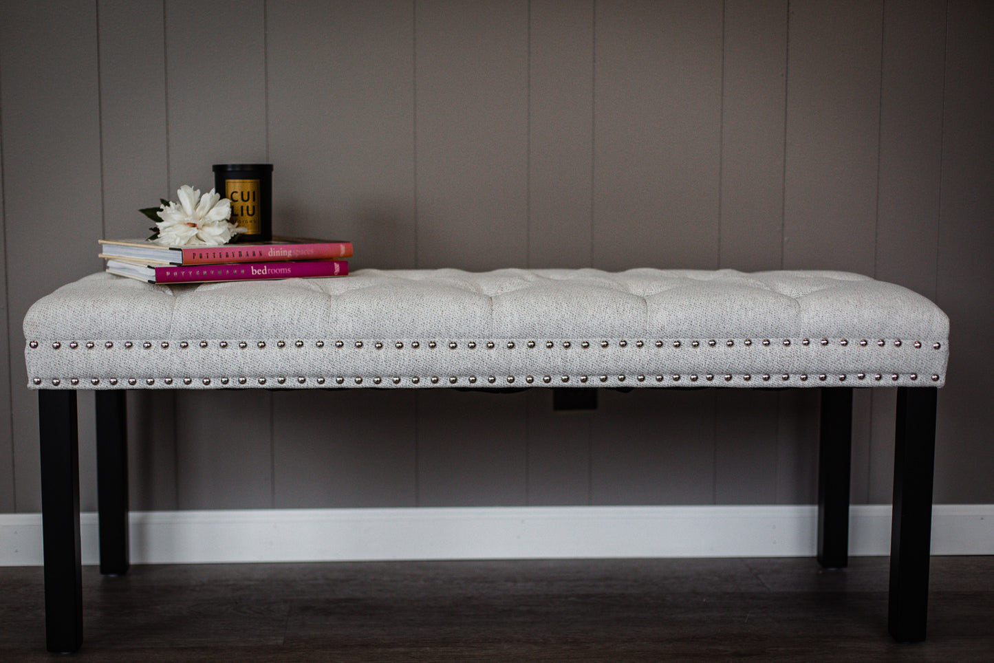 Cui Liu Designs Cora Upholstered Tufted Bench with Silver Nailhead