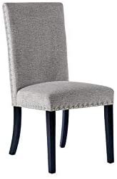 Cui Liu Owen Upholstered Dining Chair in Grey Linen with Black Wooden Leg and Shiny Silver Nailhead (Set of 2)