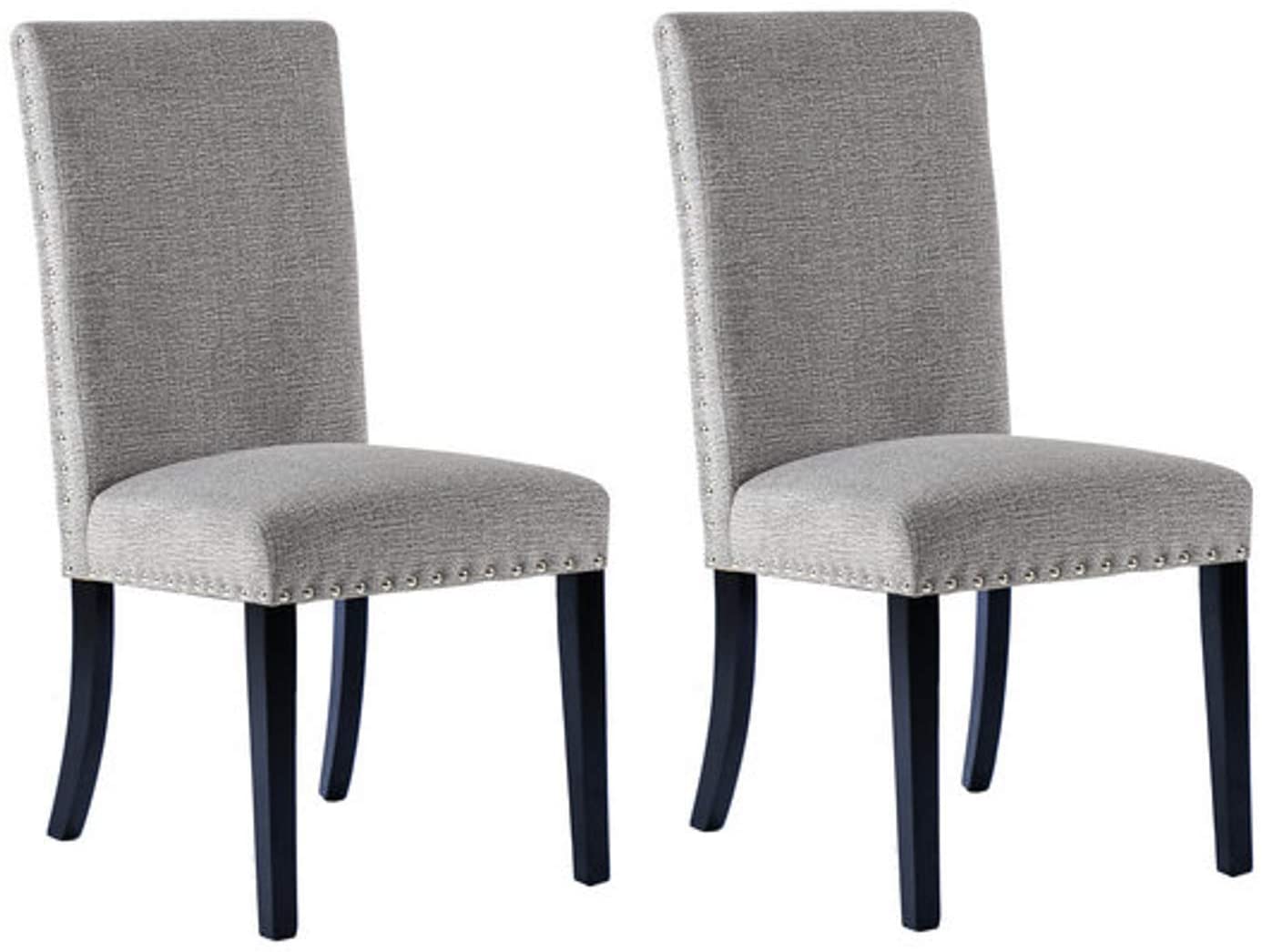 Cui Liu Owen Upholstered Dining Chair in Grey Linen with Black Wooden Leg and Shiny Silver Nailhead (Set of 2)