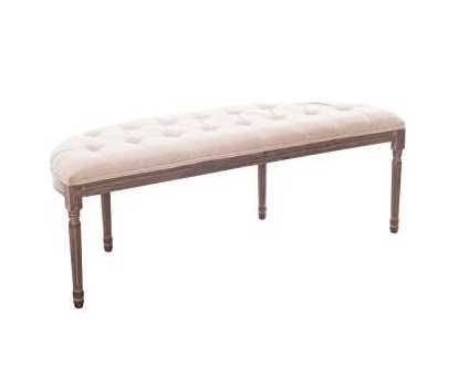 Cui Liu Hampton Natural Linen Hand Tufted Bench with Natural Reclaimed Carved Wood Legs French Antique Inspired Farm House End of Bed Entry Way Bench