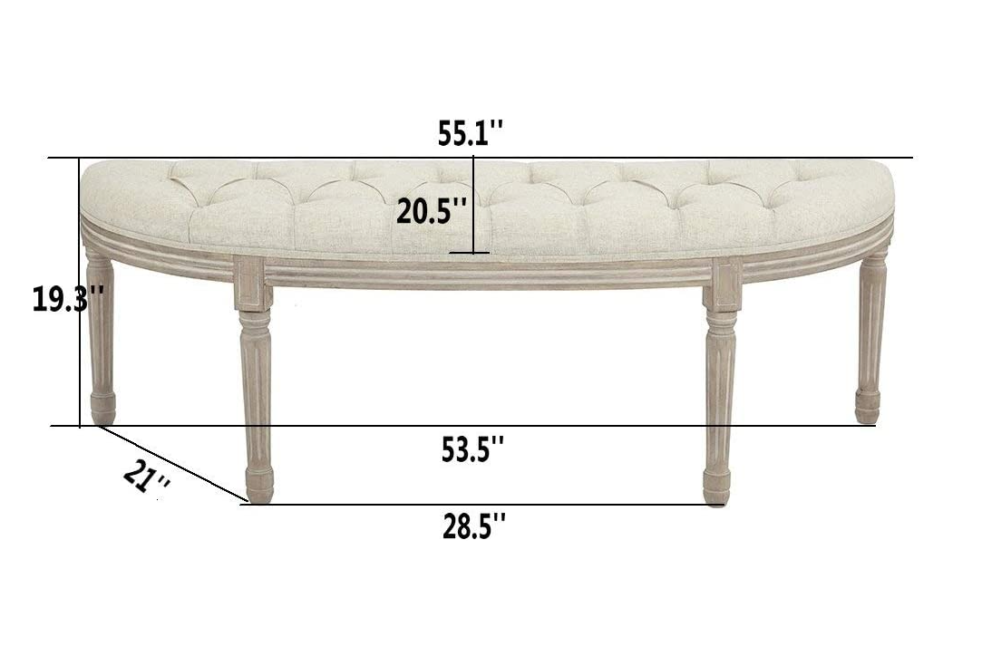 Cui Liu Hampton Natural Linen Hand Tufted Bench with Natural Reclaimed Carved Wood Legs French Antique Inspired Farm House End of Bed Entry Way Bench