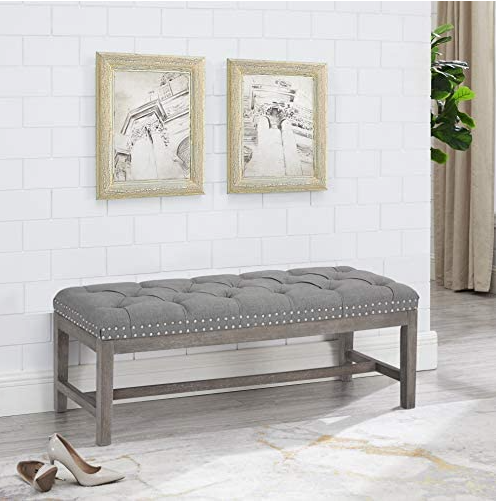 Cui Liu Province Linen Tufted Upholstered Bench Distressed Wood Legs with Nailhead Traditional Coastal Contemporary 46