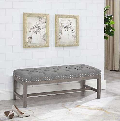 Cui Liu Province Linen Tufted Upholstered Bench Distressed Wood Legs with Nailhead Traditional Coastal Contemporary 46" Long