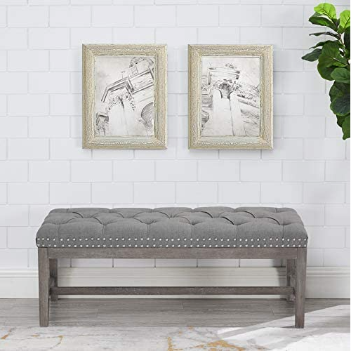 Cui Liu Province Linen Tufted Upholstered Bench Distressed Wood Legs with Nailhead Traditional Coastal Contemporary 46" Long