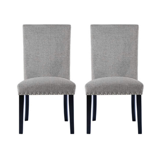 Cui Liu Owen Upholstered Dining Chair in Grey Linen with Black Wooden Leg and Shiny Silver Nailhead (Set of 2)