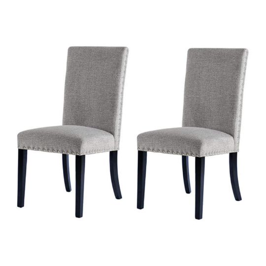 Cui Liu Owen Upholstered Dining Chair in Grey Linen with Black Wooden Leg and Shiny Silver Nailhead Set of 2