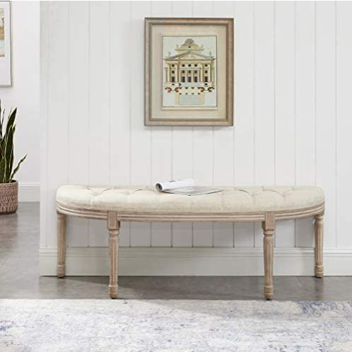 Cui Liu Hampton Natural Linen Hand Tufted Bench with Natural Reclaimed Carved Wood Legs French Antique Inspired Farm House End of Bed Entry Way Bench