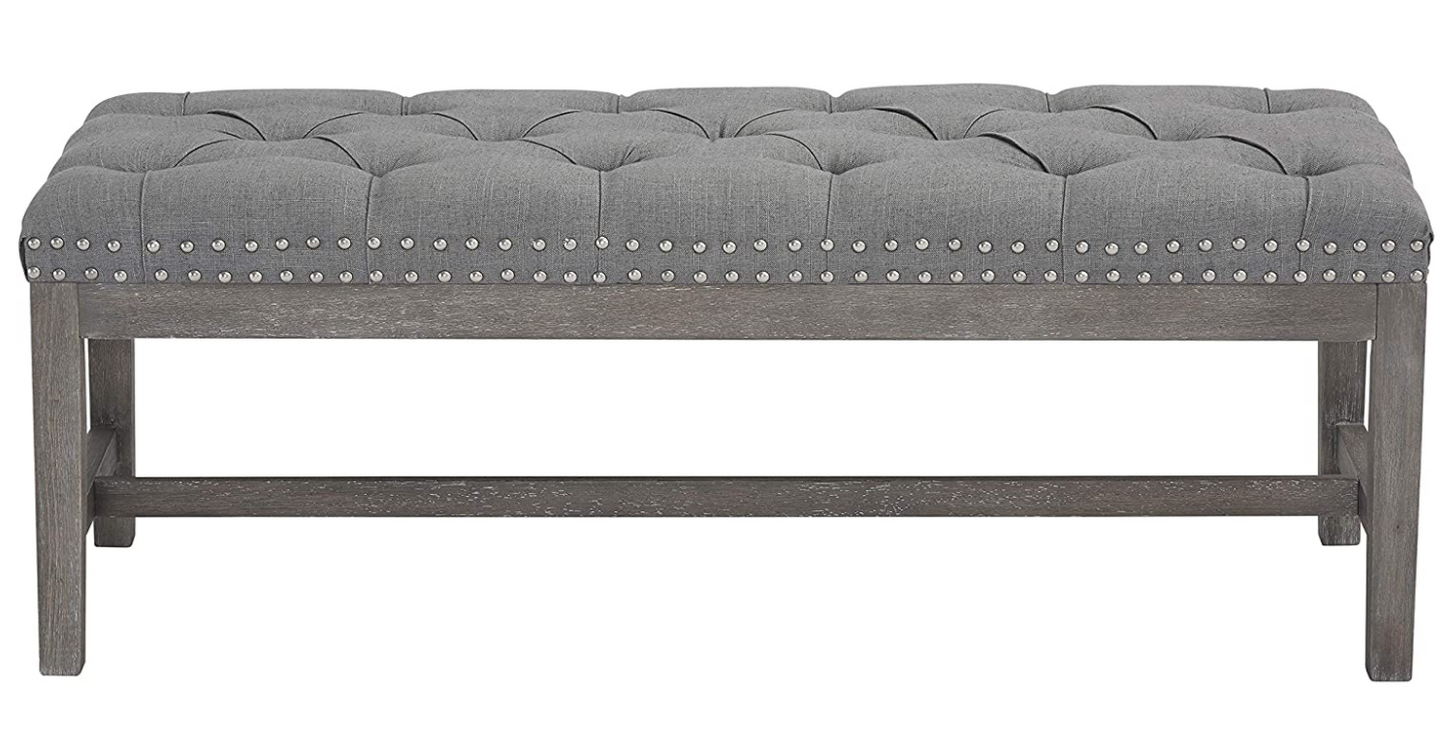 Cui Liu Province Linen Tufted Upholstered Bench Distressed Wood Legs with Nailhead Traditional Coastal Contemporary 46" Long