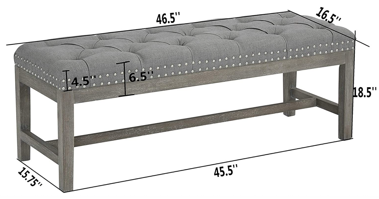 Cui Liu Province Linen Tufted Upholstered Bench Distressed Wood Legs with Nailhead Traditional Coastal Contemporary 46" Long